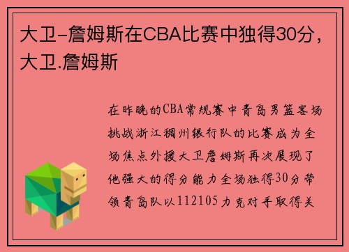 大卫-詹姆斯在CBA比赛中独得30分，大卫.詹姆斯